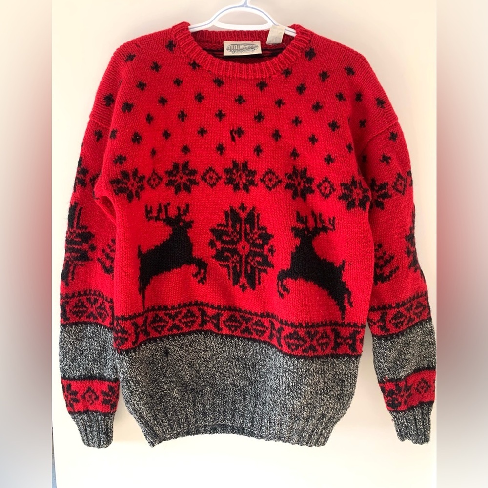 Cozy Red & Gray Reindeer Fair Isle Sweater